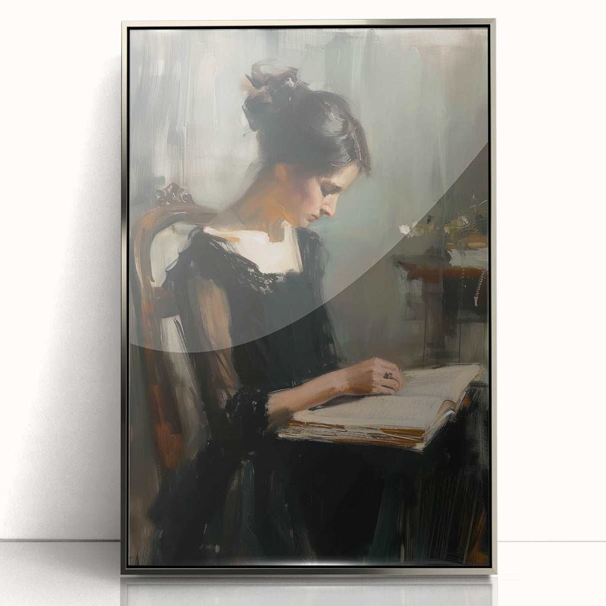 Framed silver acrylic artwork featuring an abstract figurative design, showcasing fluid shapes and modern aesthetics, perfect for contemporary home decor.
