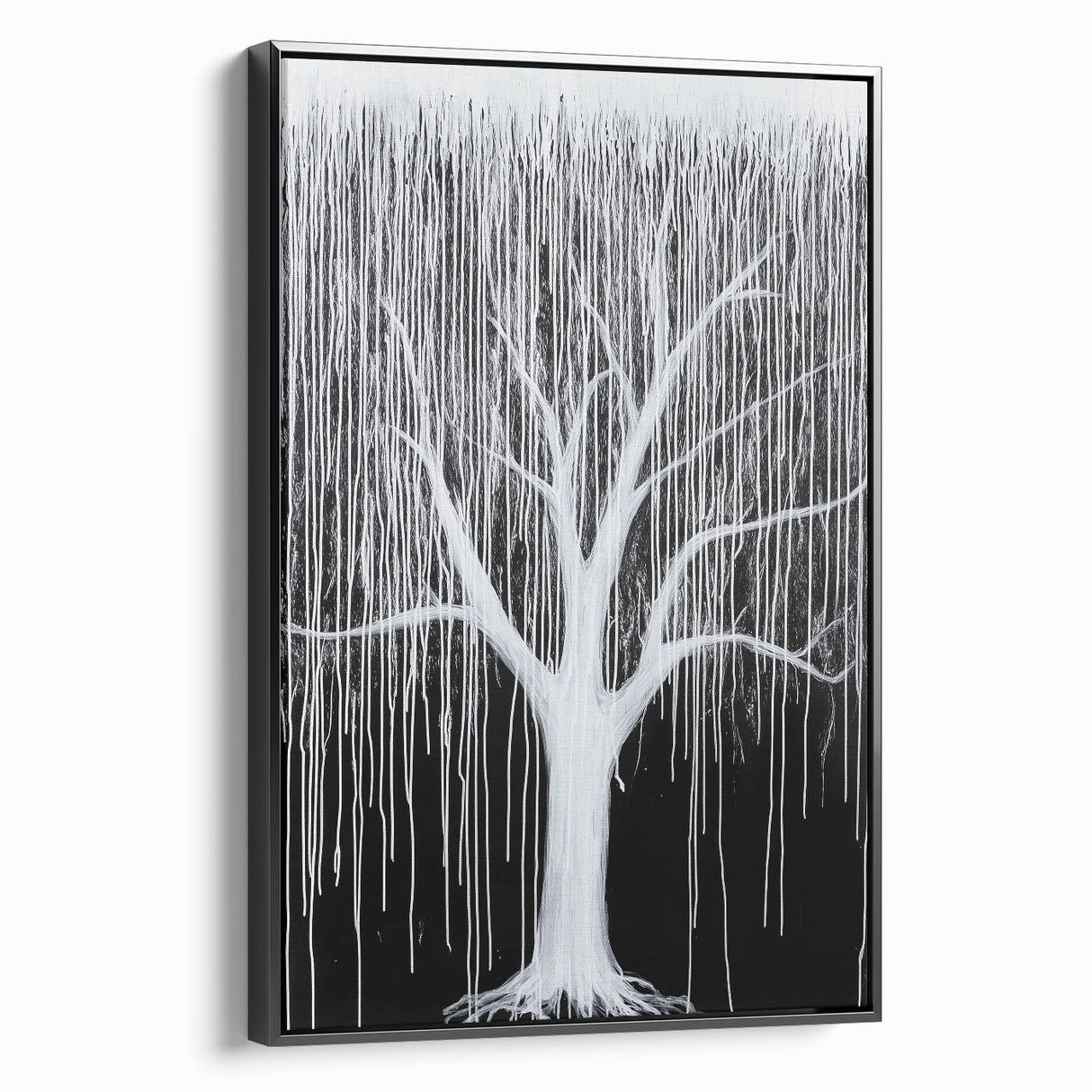 Framed canvas artwork displaying vibrant abstract floral designs with a black frame, showcased from a side view, ideal for modern home decor.