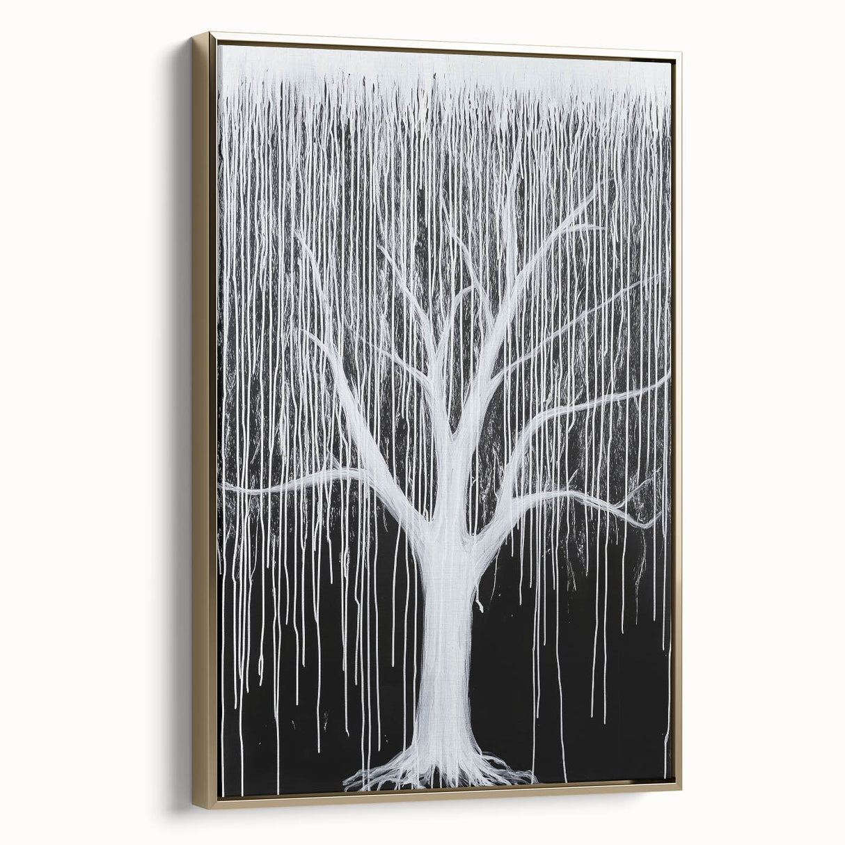 Framed canvas artwork showcasing an abstract floral design with gold accents, displayed in a modern setting, perfect for home decor enhancement and artistic ambiance.