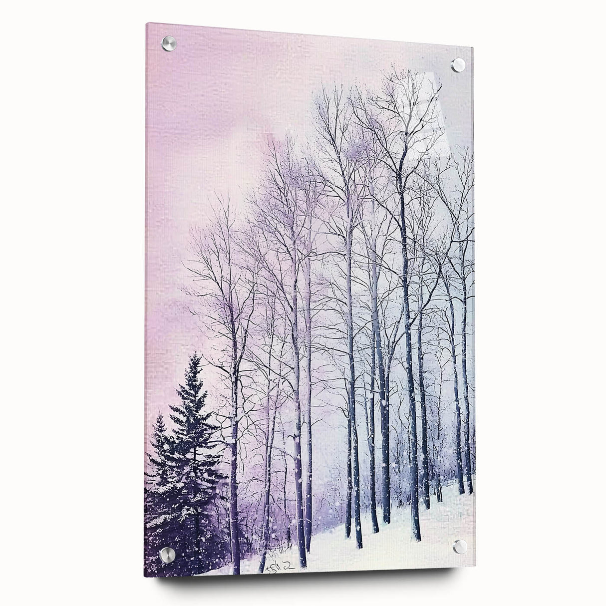 Abstract landscape artwork displayed in a side view, showcasing vibrant colors and intricate patterns on acrylic glass, elegantly pinned for modern decor.