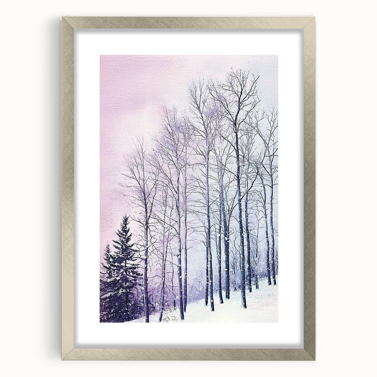 Abstract landscape artwork framed in silver with a mat border, showcasing vibrant colors and intricate details, ideal for modern home decor.