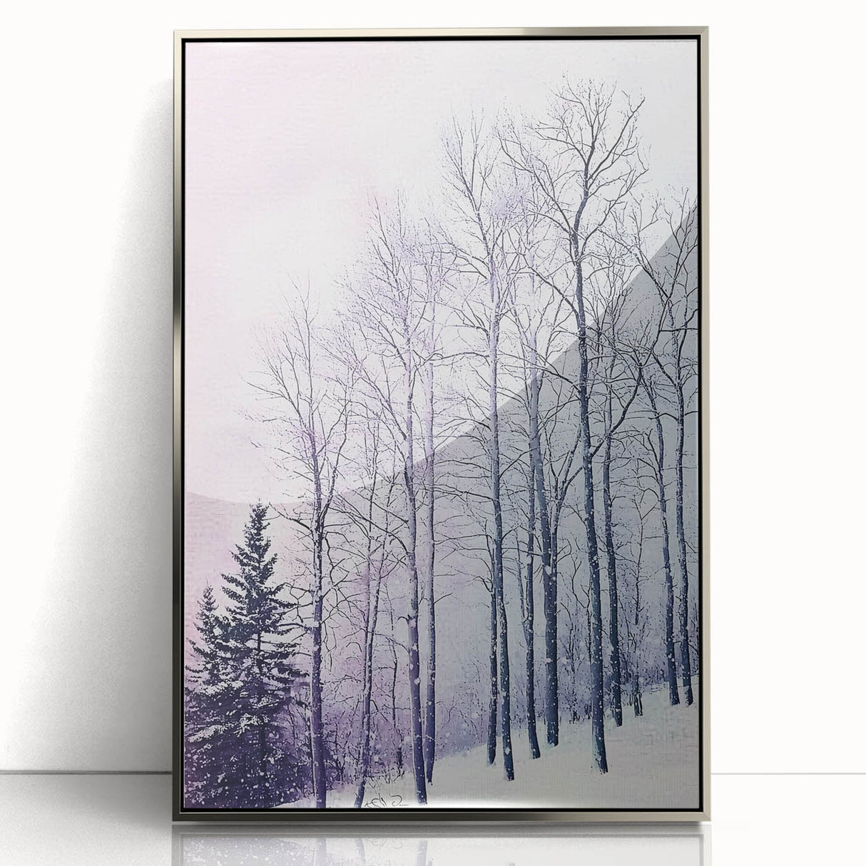 Framed acrylic artwork showcasing an abstract landscape in silver tones, featuring dynamic shapes and textures, ideal for modern home decor or art collectors.
