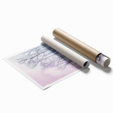 Abstract landscape rolled print showcasing vibrant colors and fluid shapes, elegantly packaged in a protective cardboard tube, perfect for modern home decor.