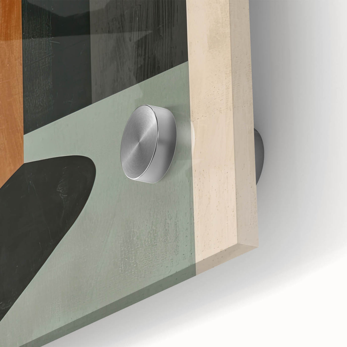 Close-up of abstract minimalist wall art design showcasing soft pastel colors and geometric shapes, printed on acrylic glass for a modern decor accent. Ideal for contemporary interiors, this artwork adds a stylish touch to any living space.