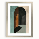 Abstract minimalist wall art frame with a silver finish and white mat, showcasing geometric shapes and soft colors, perfect for modern home decor.