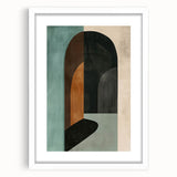Abstract minimalist wall art framed in white mat, showcasing geometric shapes and subtle pastel colors, perfect for modern home decor. Ideal for adding a contemporary touch to living spaces.
