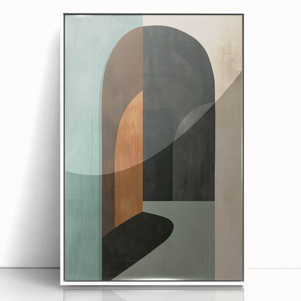 Framed abstract minimalist wall art in white acrylic, showcasing clean lines and soft geometric shapes, perfect for modern home decor. Ideal for stylish interiors.