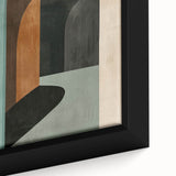 Close-up of an abstract minimalist framed wall art piece showcasing soft pastel colors and geometric shapes, perfect for modern home decor enhancement.