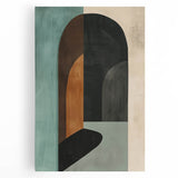 Abstract minimalist wall art in soothing pastel colors, featuring geometric shapes and lines on a stretched canvas, ideal for modern home decor.