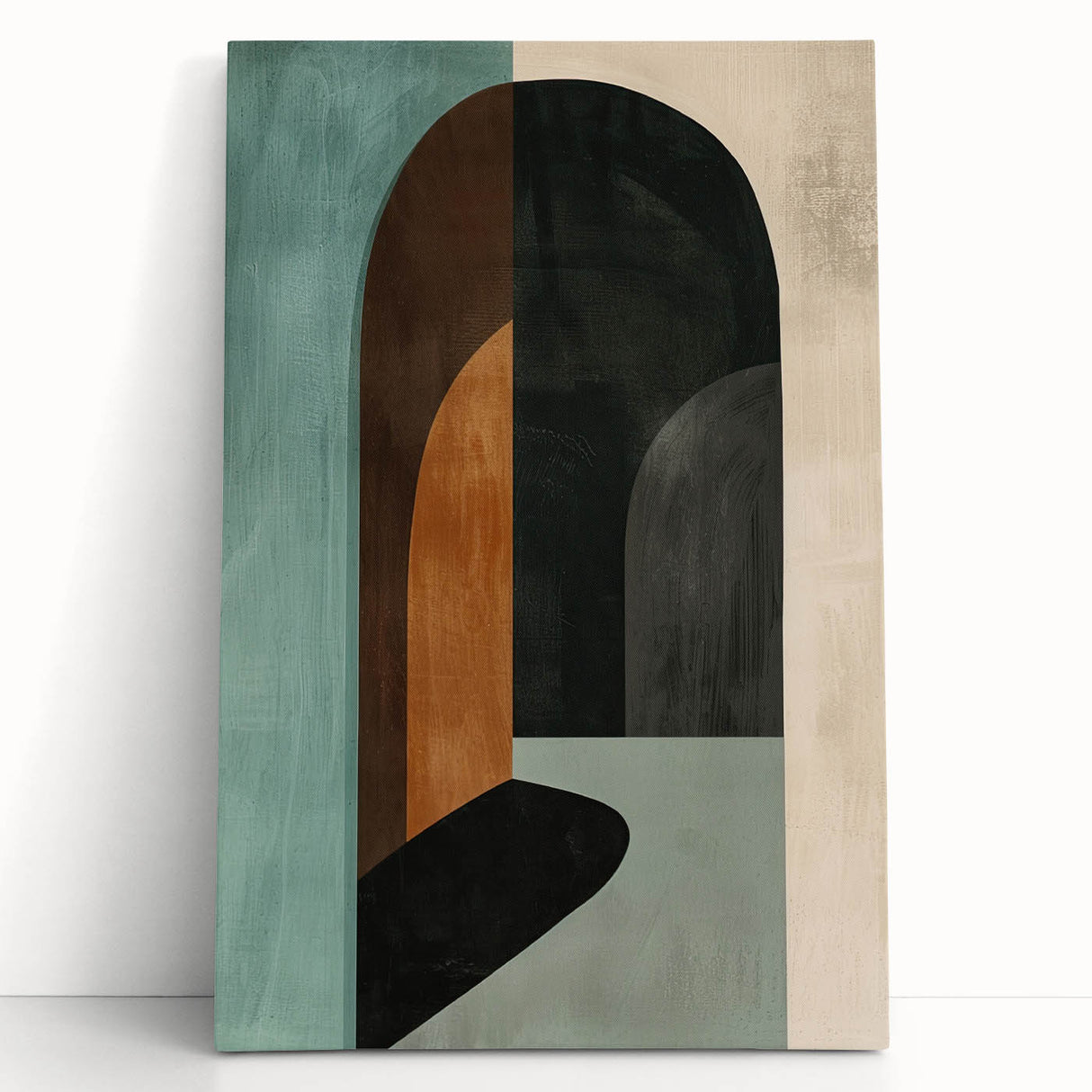 Abstract minimalist wall art displayed on a stretched canvas, featuring soft pastel colors and geometric shapes, enhancing modern interior decor with elegance.