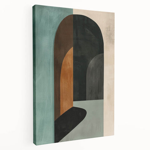 Abstract minimalist wall art displayed on stretched canvas, showcasing soft pastel colors and geometric shapes, perfect for modern home decor.