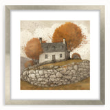 Textured abstract art print in warm autumnal hues on a silver-framed canvas, suitable for bedroom decor.