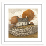 Abstract art print depicting fall foliage in orange and red tones on a white framed canvas.