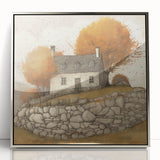 Mid-century modernist art depicting an abstract fall scene in warm orange and brown tones on a framed acrylic print.