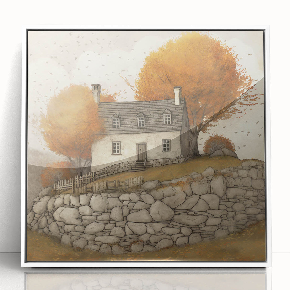 Art deco poster of a stylized fall landscape in earth tones on framed acrylic, ideal for modern art wall decor.