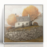 Art deco poster of a stylized fall landscape in earth tones on framed acrylic, ideal for modern art wall decor.