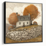 Black and white landscape painting on framed canvas, depicting a serene autumn scene, ideal for bedroom wall decor.