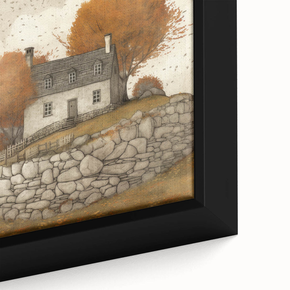 Close-up of a framed canvas featuring a textured, colorful abstract design in autumn hues, ideal for living room decor.