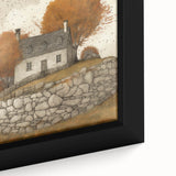 Close-up of a framed canvas featuring a textured, colorful abstract design in autumn hues, ideal for living room decor.