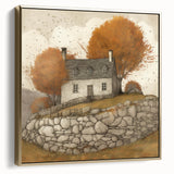 Framed canvas featuring a vintage-style landscape with autumn trees in silver and gold tones, suitable for bedroom wall art.