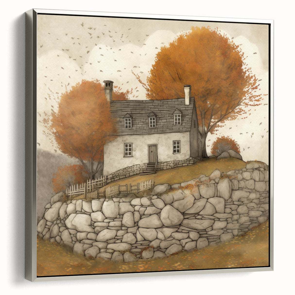 Framed canvas of a vintage landscape painting depicting a colorful autumn scene, ideal for living room decor.