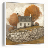 Vintage poster art of autumn scene on framed canvas, featuring a palette of orange and brown, ideal for living room decor.