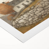 Art deco poster featuring a stylized autumn landscape in warm orange and red tones on rolled canvas.