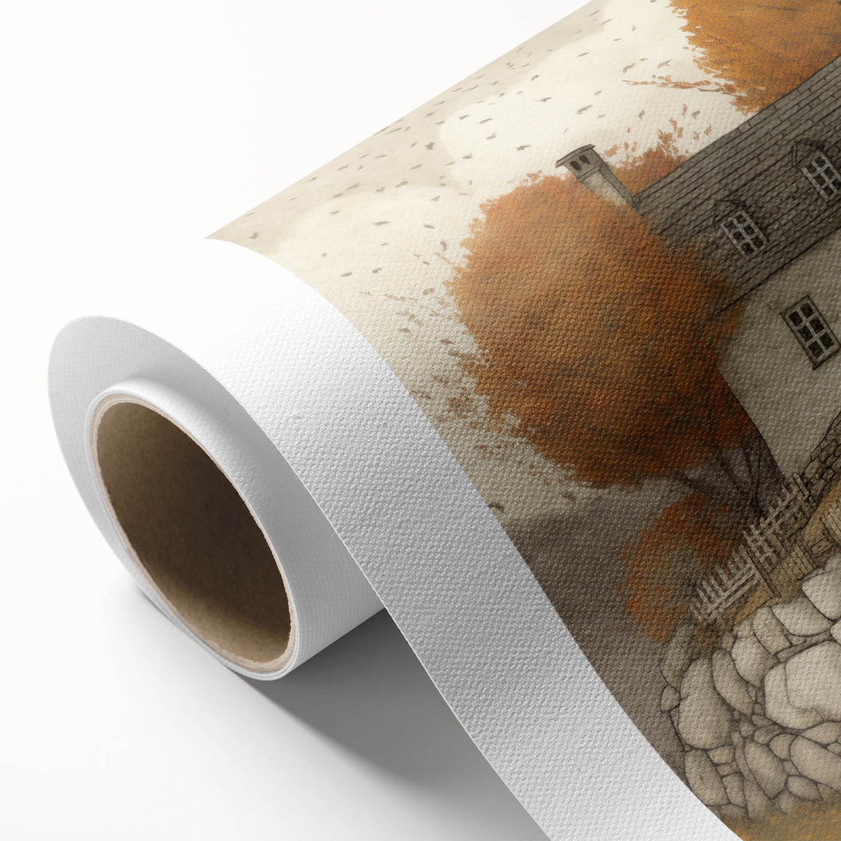 Art deco-style poster of an autumnal scene with warm orange and brown tones on rolled canvas, suitable for nursery wall art.