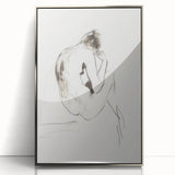 Framed abstract figurative art piece with a silver acrylic finish, showcasing dynamic shapes and colors, ideal for modern home decor and artistic expression.