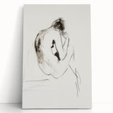 Abstract figurative stretched canvas art piece showcasing vibrant colors and dynamic shapes, leaning against a neutral wall, perfect for modern home decor.