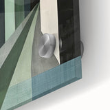 Close-up of abstract minimalist wall art design featuring soft pastel colors and geometric shapes, printed on acrylic glass for a sleek modern aesthetic.