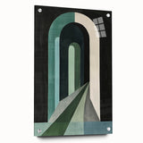 Abstract minimalist wall art displayed on acrylic glass, showcasing a side view with pins. The design features soft colors and geometric shapes, ideal for modern decor.