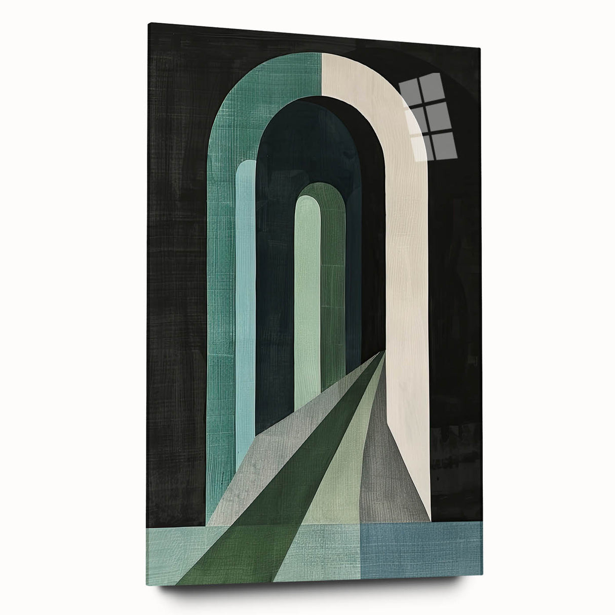 Abstract minimalist wall art featuring an acrylic glass design, showcasing soft pastel colors and geometric shapes, perfect for modern home decor. Side view highlights its sleek finish and versatile style, ideal for enhancing interior aesthetics.