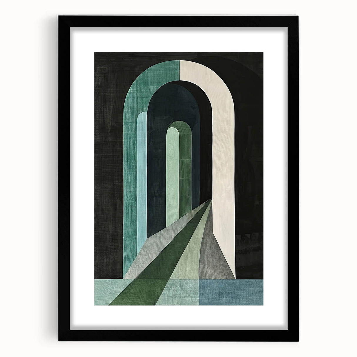 Abstract minimalist wall art framed with a sleek black mat, showcasing geometric shapes in muted colors, ideal for modern home decor.