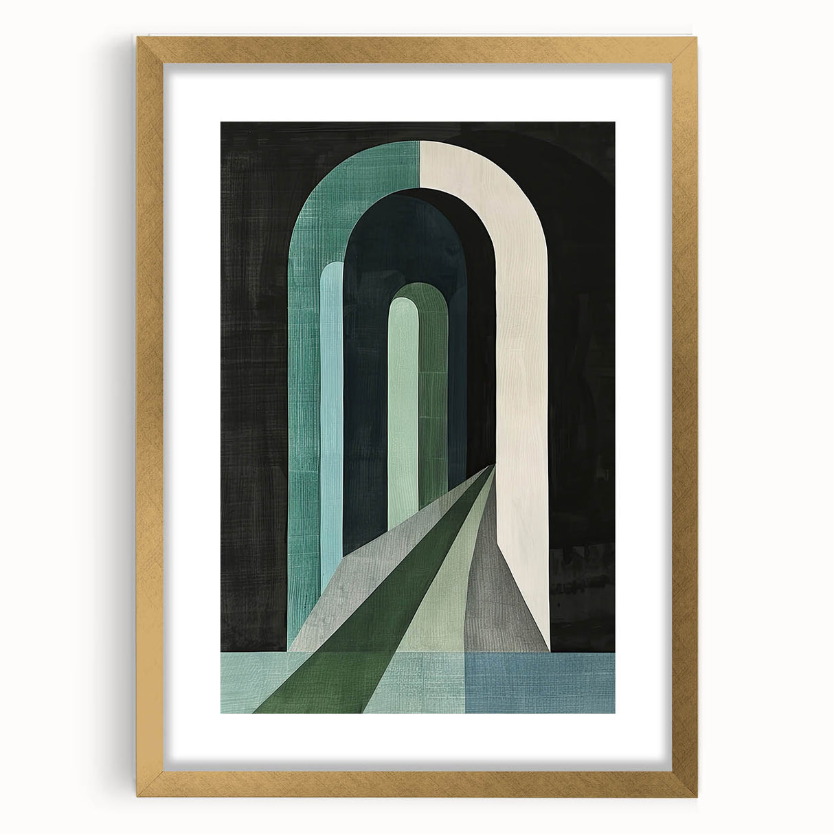 Abstract minimalist wall art framed in gold, showcasing soft geometric shapes and muted colors, perfect for modern decor and enhancing interior aesthetics.
