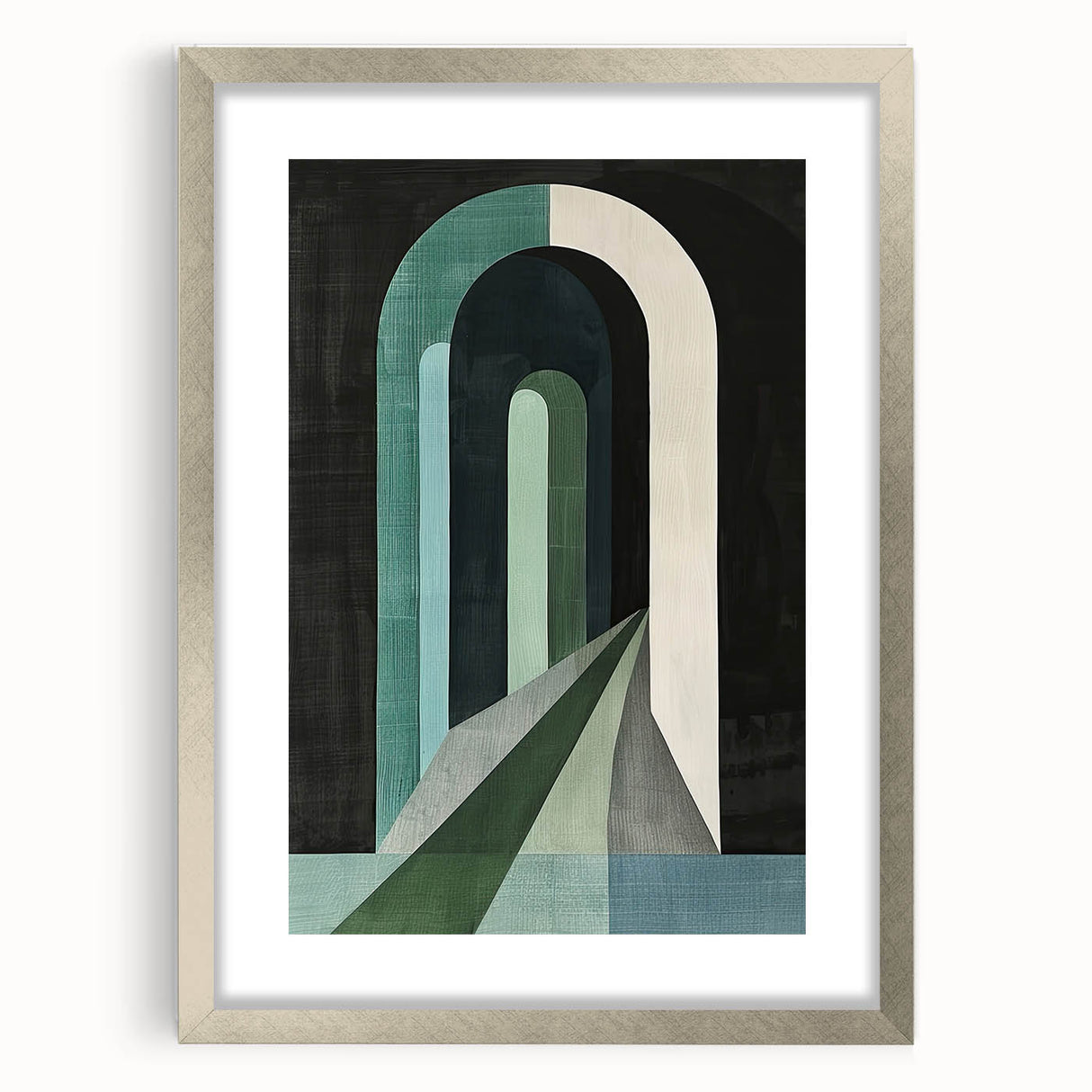 Abstract minimalist wall art framed in silver, featuring a sleek design with a white mat, ideal for modern home decor and stylish interior accents.