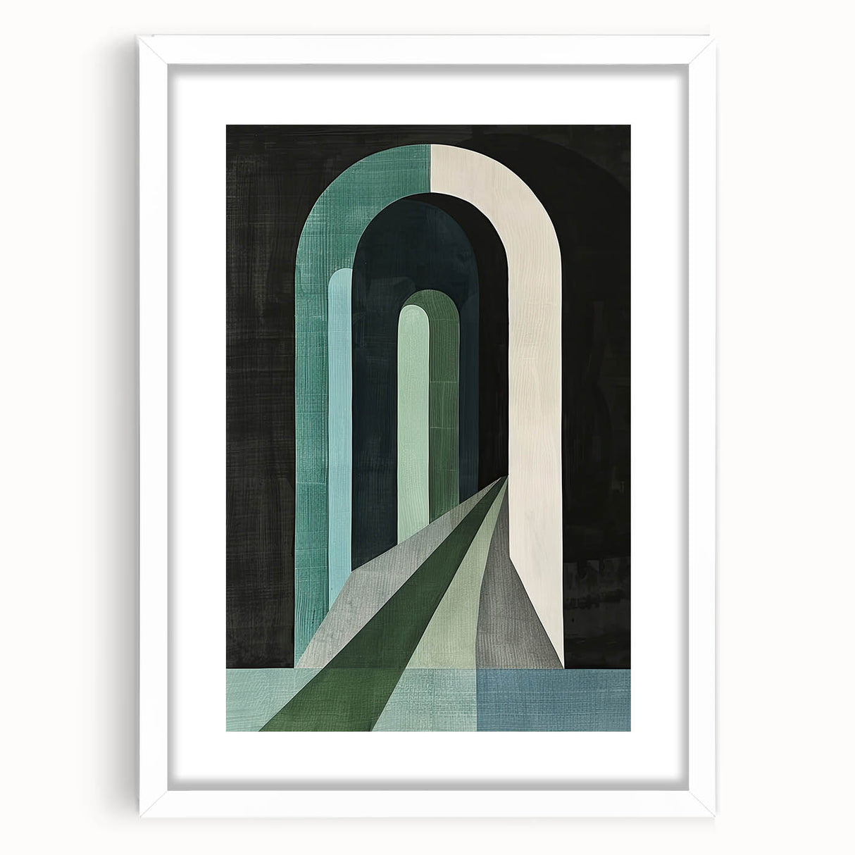Abstract minimalist wall art framed in white, showcasing geometric shapes and soft pastel colors, perfect for modern home decor and stylish interiors.