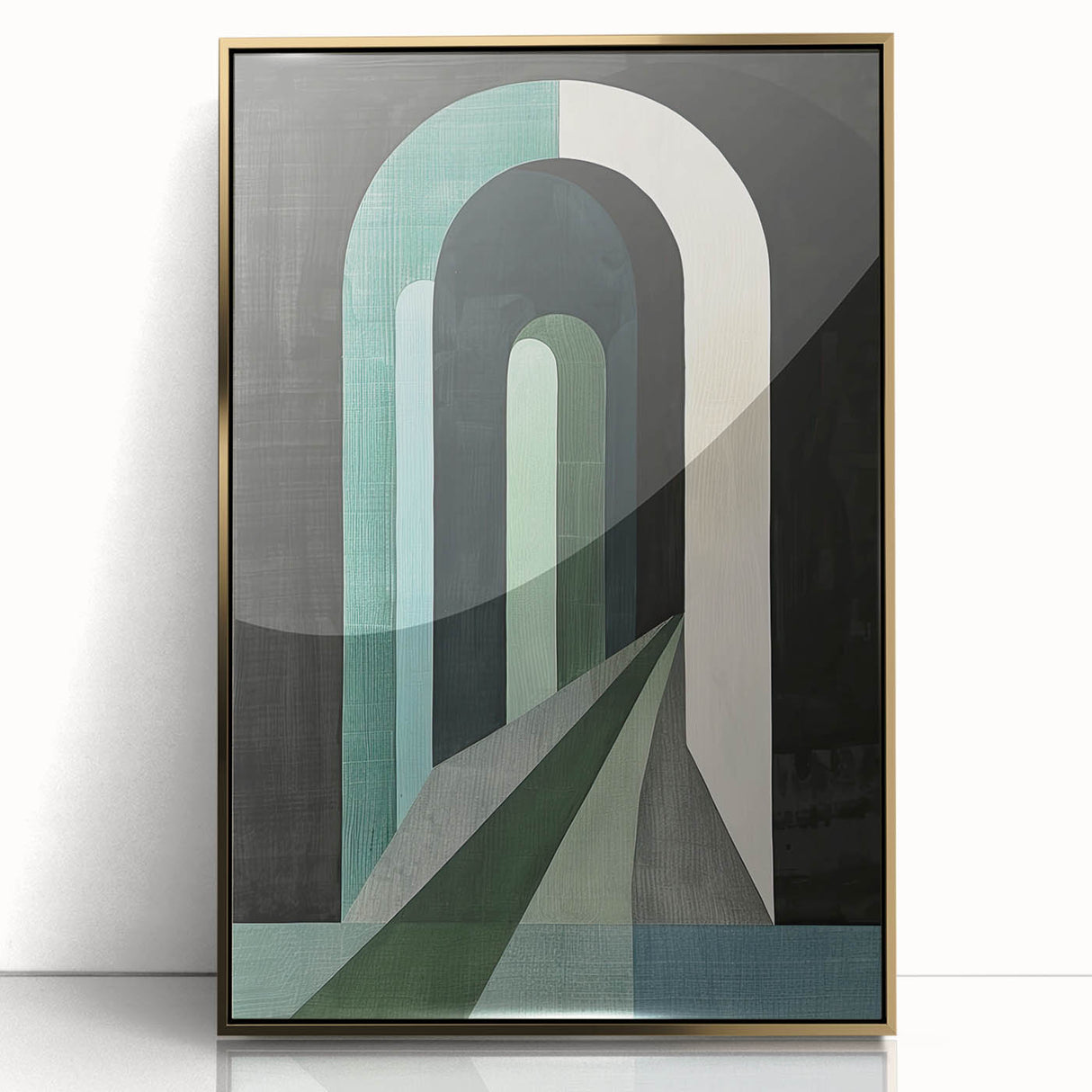 Framed abstract minimalist wall art with a gold acrylic finish, showcasing modern geometric shapes against a neutral background, perfect for contemporary decor.