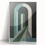 Abstract minimalist wall art framed in white acrylic, showcasing a geometric design with soft color gradients, perfect for modern home decor and interior styling.