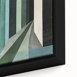 Close-up of a framed abstract minimalist wall art canvas featuring soft pastel colors and geometric shapes, perfect for modern home decor. This artwork adds a contemporary touch to any living space or office environment.