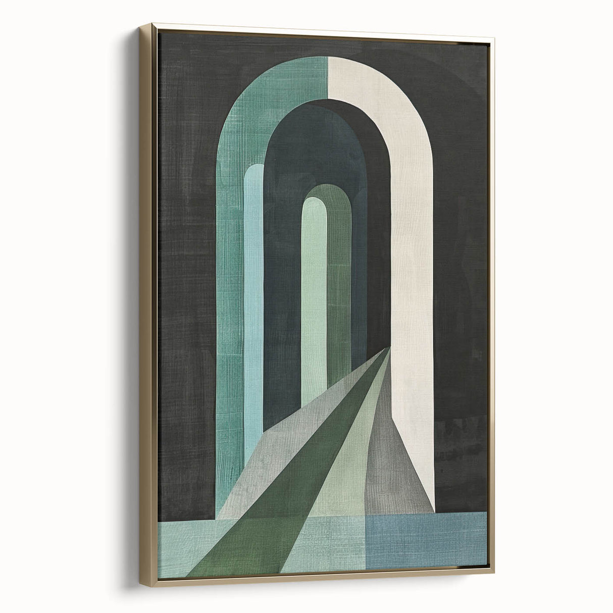 Framed abstract minimalist wall art in gold tones, showcasing a sleek side view that highlights its modern design and elegant finish, perfect for contemporary decor.
