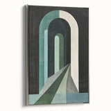 Framed abstract minimalist wall art showcasing a sleek silver border and a contemporary design, perfect for modern home decor. The artwork is displayed from a side angle, highlighting its elegant finish and vibrant colors.