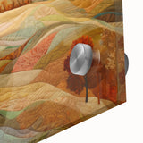 Large abstract wall art depicting an autumnal forest scene in warm orange and brown tones, printed on acrylic glass.