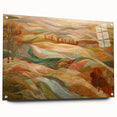 Large abstract wall art depicting fall foliage in rich orange and red tones on acrylic glass.