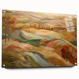 Large abstract wall art depicting fall foliage in rich orange and red tones on acrylic glass.