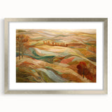 Textured abstract art print in warm autumn hues on a framed silver canvas, suitable for bedroom decor.