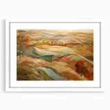 Abstract art print featuring swirling autumnal hues on a white framed canvas, suitable for dining room or bedroom decor.