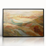 Large abstract wall art depicting fall scenery in orange and brown tones on a framed acrylic.
