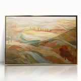 Large art print of a mid-century modernist autumn scene in warm gold tones, framed acrylic, ideal for nursery wall art.