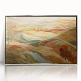 Mid-century modernist art depicting an abstract fall scene in warm orange and brown tones, framed in silver acrylic.
